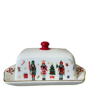 Christmas Nutcracker Covered Butter Dish Holiday Bow Collection Red White NEW